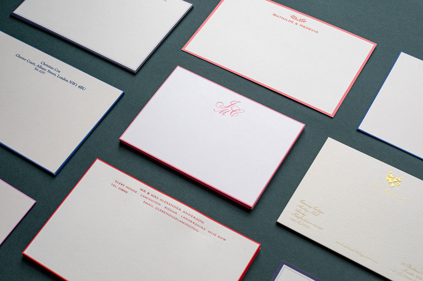 various coloured motif designs on luxury personal stationery printed in mayfair london