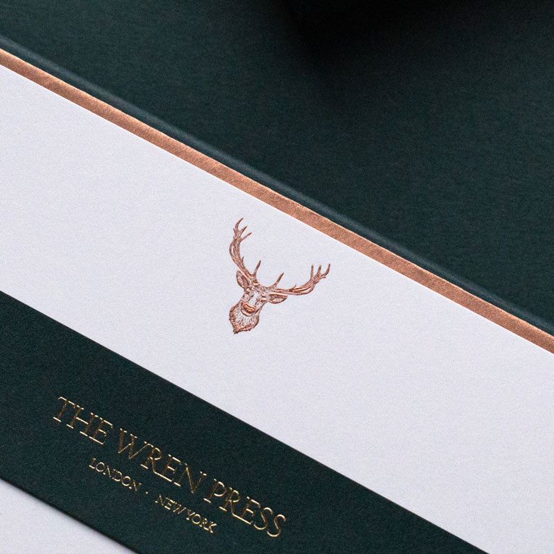 luxury stationery set bronze engraved stags head design by the wren press