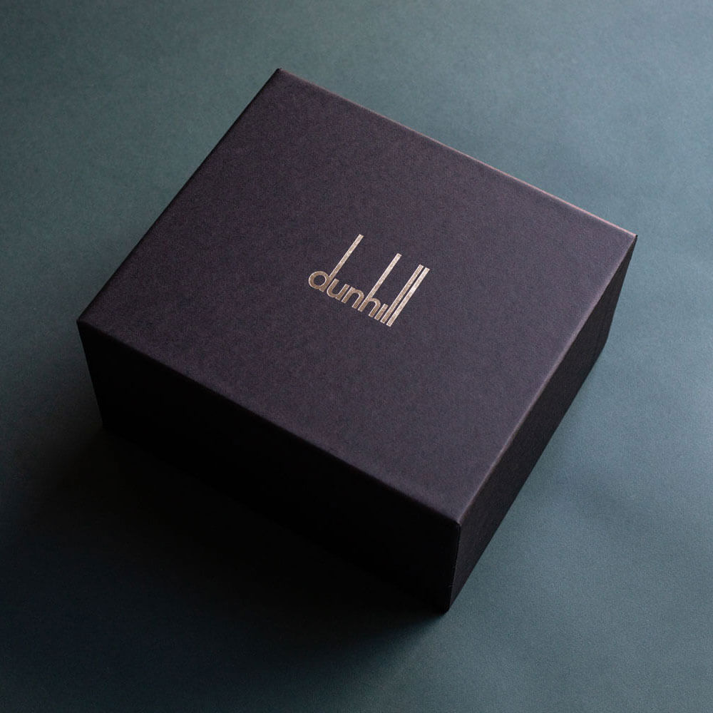 black box with silver stamped logo bespoke design