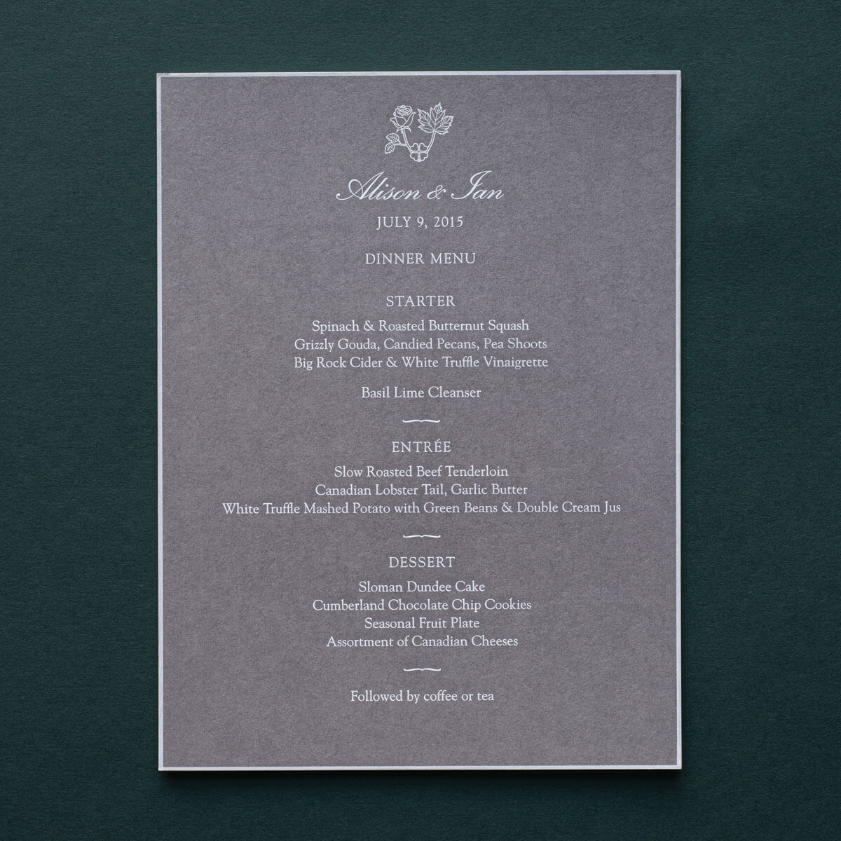 dinner party menu printed in mayfair london