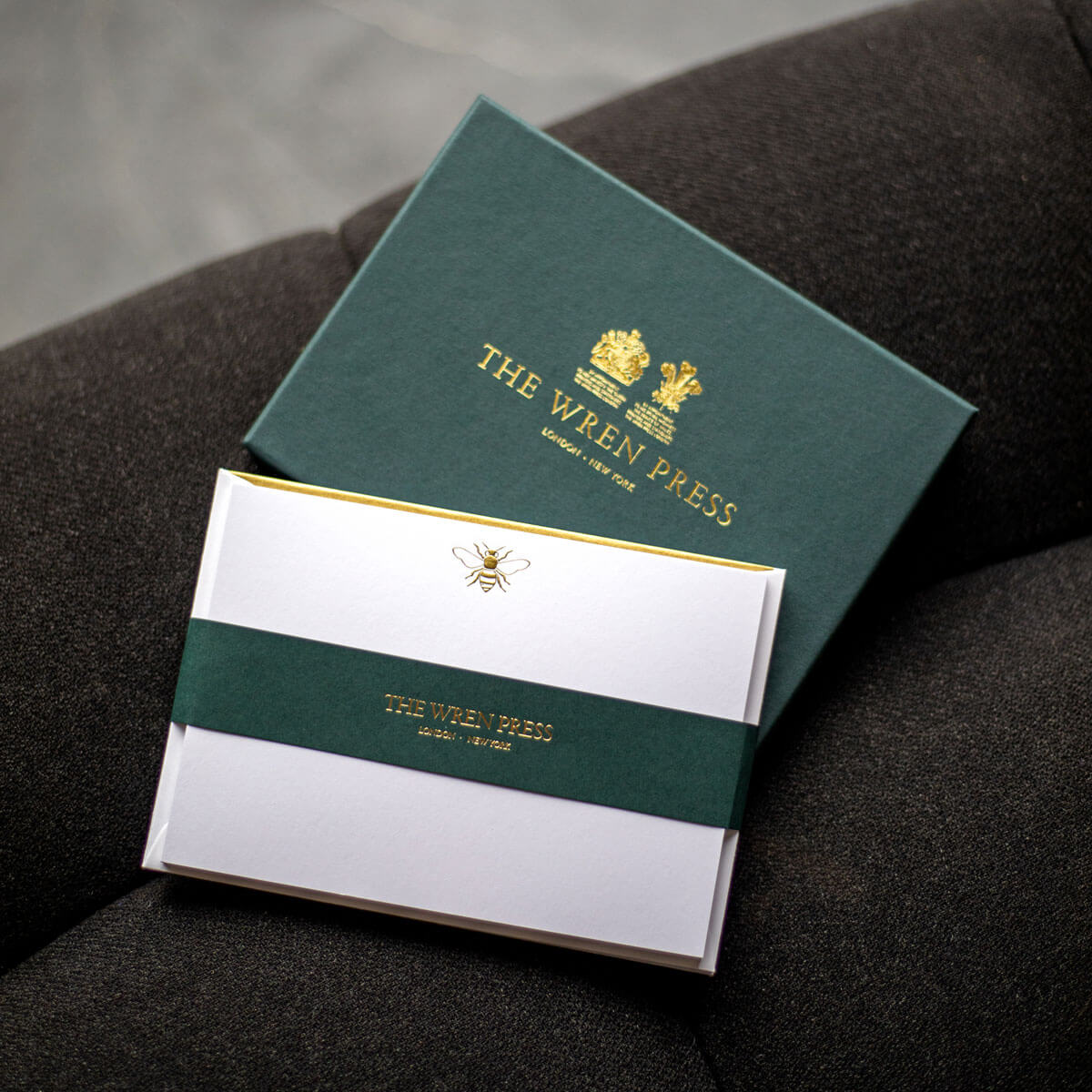 luxury writing cards with lined envelopes and a gold engraved bee motif