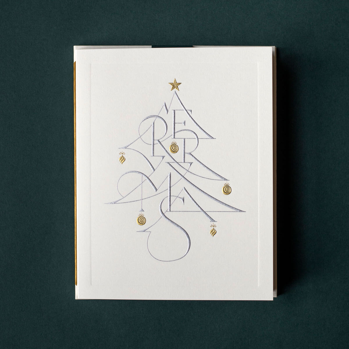 christmas cards set of gold and silver engraved tree design.