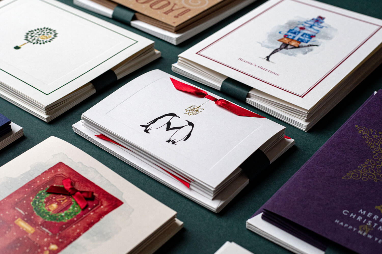 a selection of luxury christmas cards from a high end Mayfair stationers in London