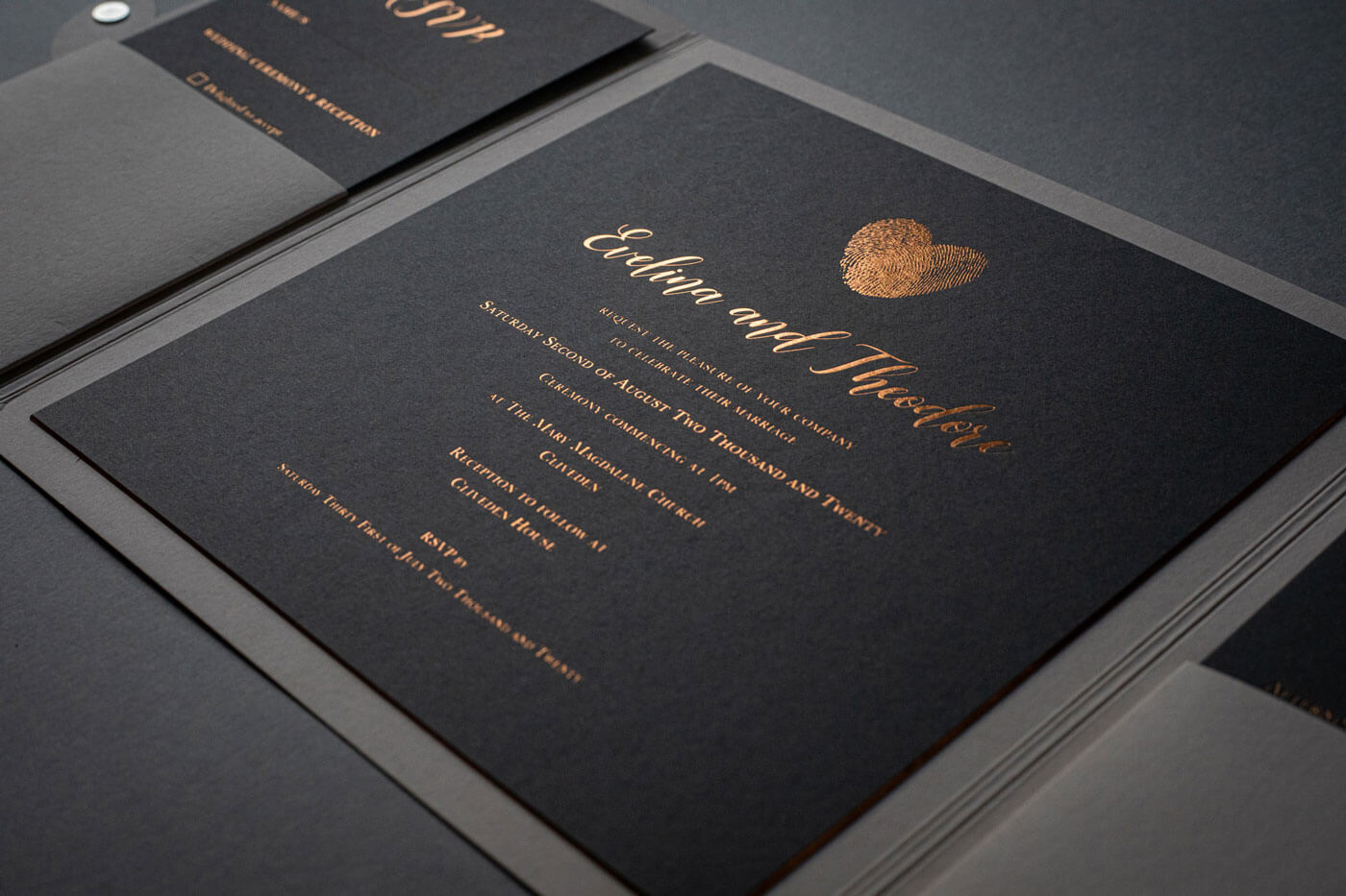 wedding stationery invites london gold on black card