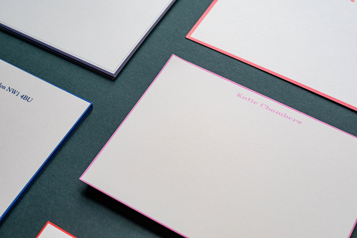 personalised luxury stationery note cards with names and coloured borders printed in london