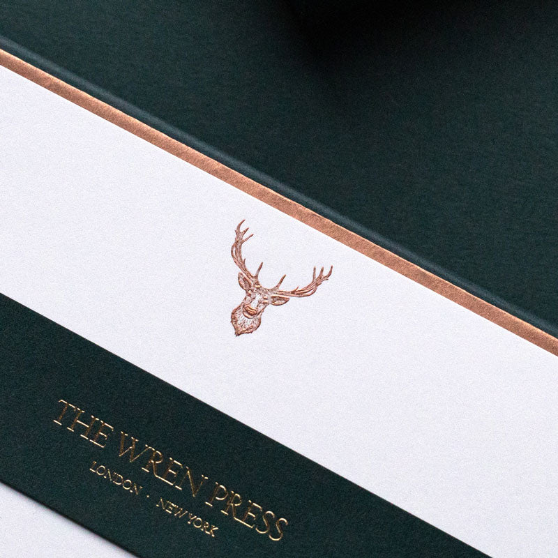 luxury stationery bronze engraved stag head note cards by the wren press