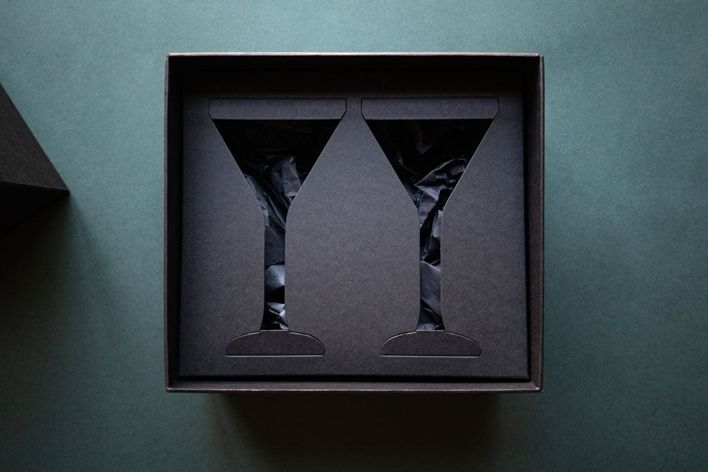 black box tray insert designed to hold two bespoke cocktail glasses